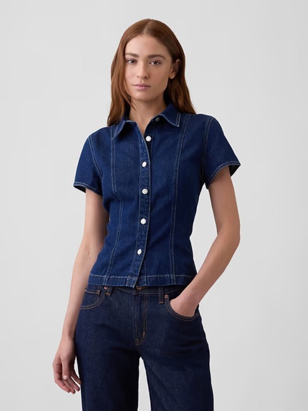 GAP Dark Blue Denim Short-Sleeve Button-Down Shirt